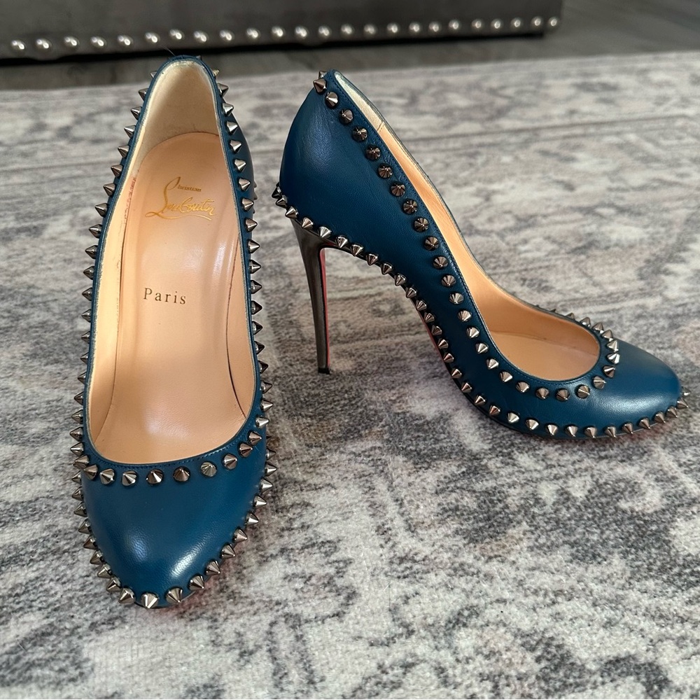 Christian Louboutin Blue High Heels with Pointed Toe and Studded Accents